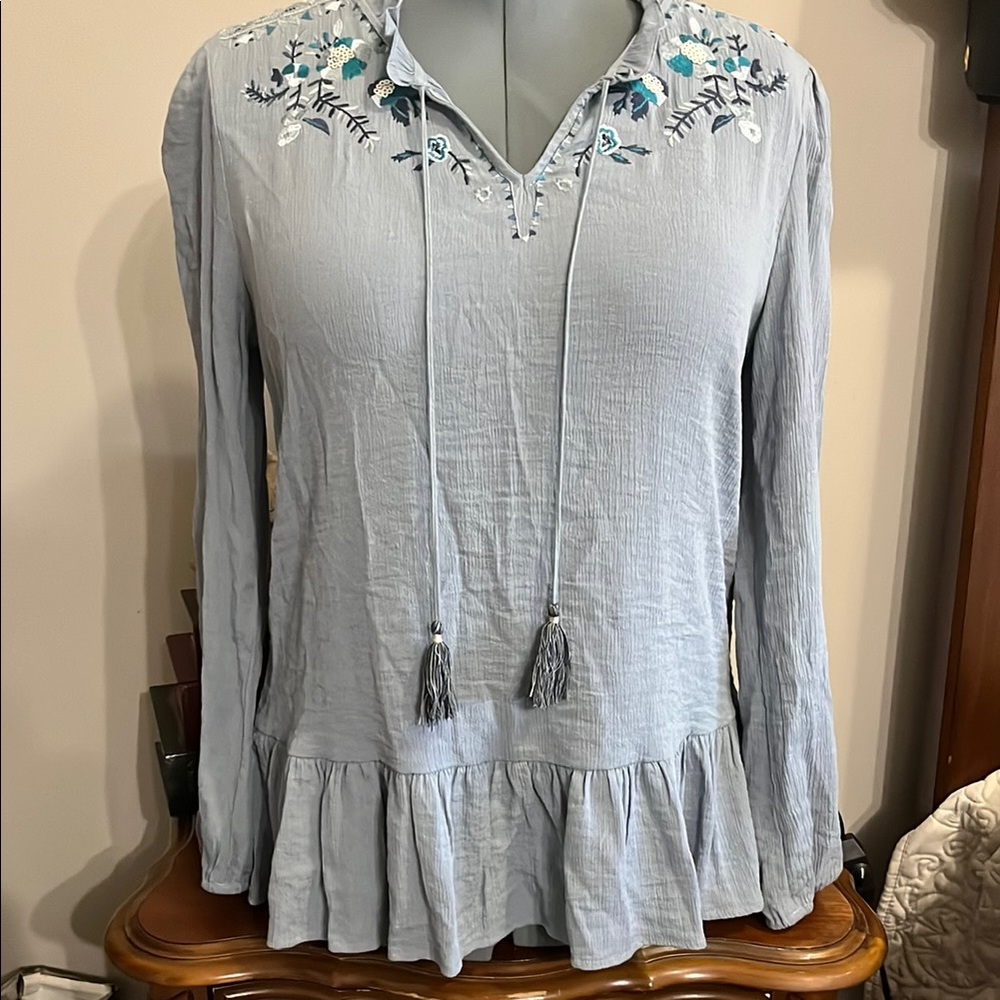 Knox Rose Blue Ruffled Tie Front Blouse